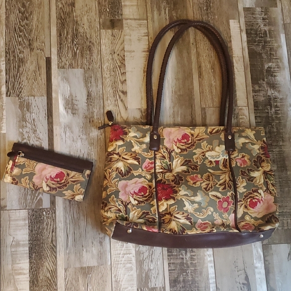Longaberger Brown Floral Tote Bag and Wallet - Picture 4 of 9